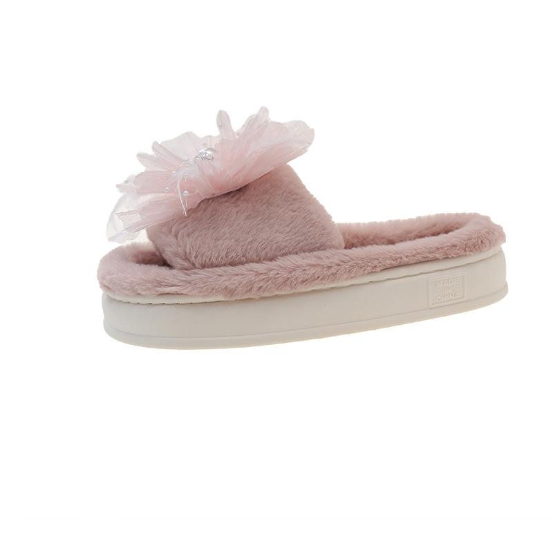 Women One-word Slippers Winter New Outdoor Non Slip Fashion Flower Plush Shoes Lightweight Comfortable Soft Sole Warm Home Shoes