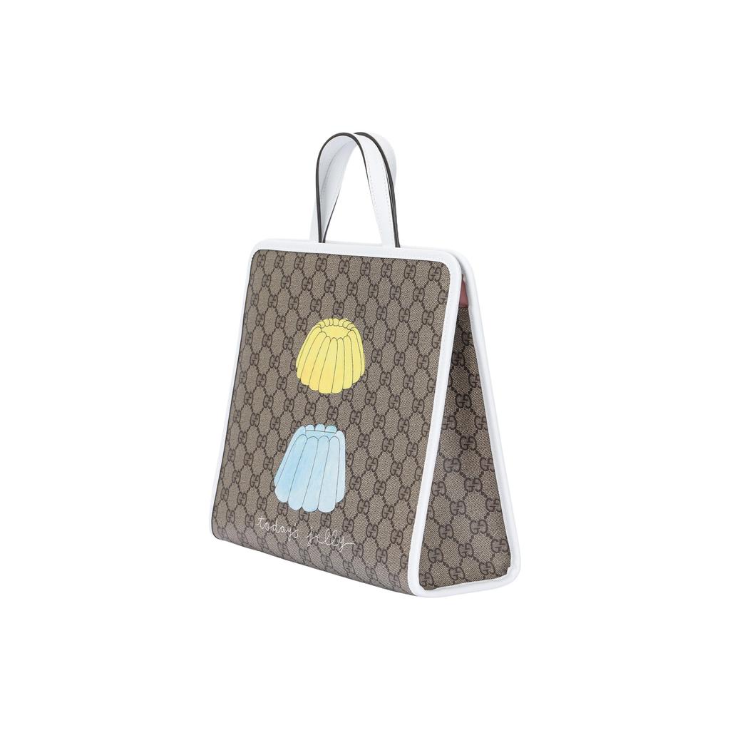 Gucci Women's GG Supreme Jelly Print Tote Bag, Beige Canvas White Leather Trim Colorful Jelly Graphic,Daily Travel Handbag 605614-FAEGT-8799