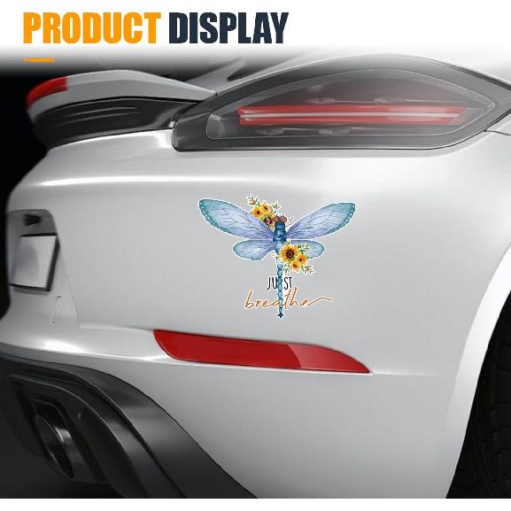 Just Breathe Dragonfly Car Sticker Decal, Vinyl Waterproof Automotive Window Sticker, Vintage Sun Flower Vehicle Bumper Decal, Positivity Auto