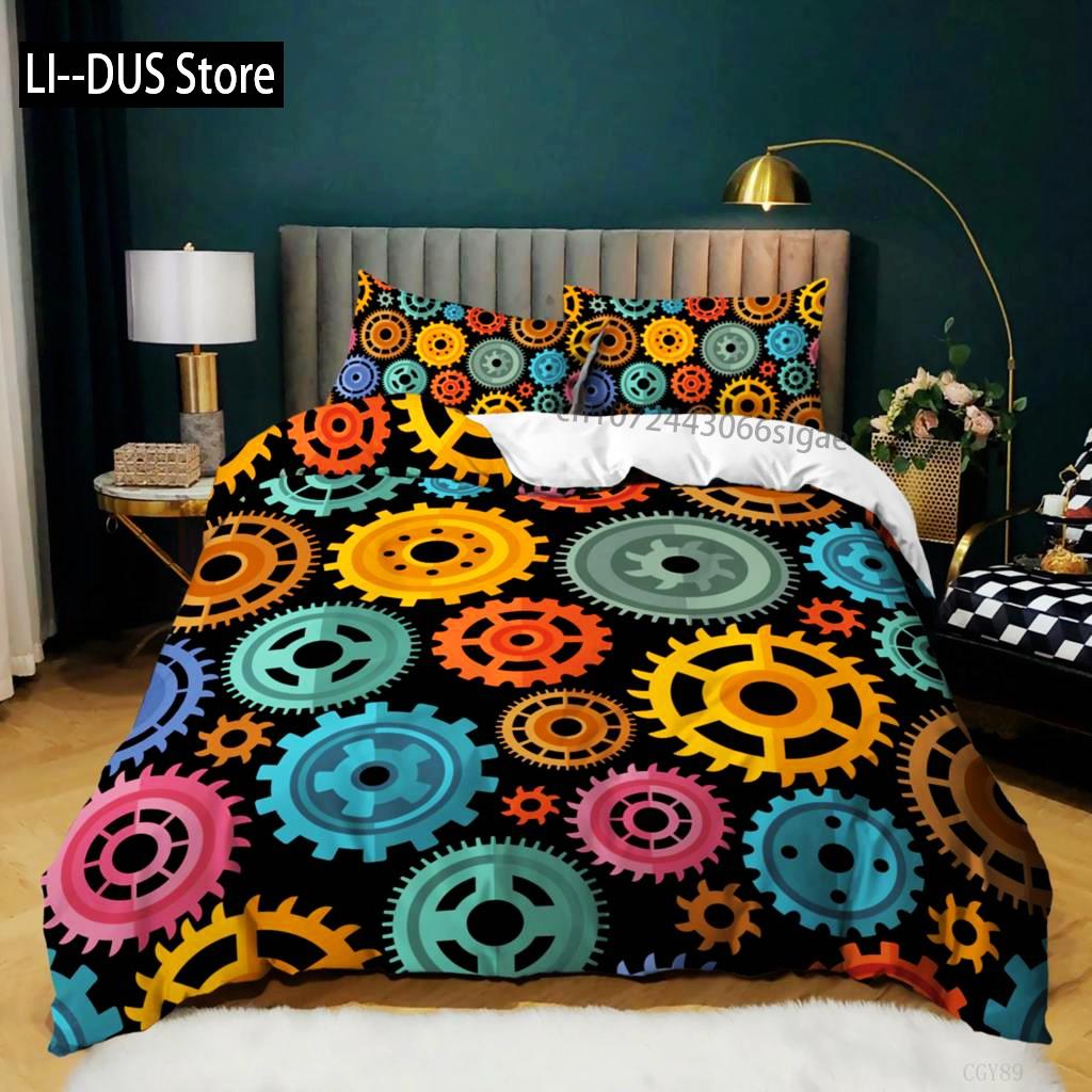 Gear Duvet Cover Set Colorful Gear Mechanical Device Bedding Set For Kids Boys Men Queen King Size Chic Microfiber Quilt Cover