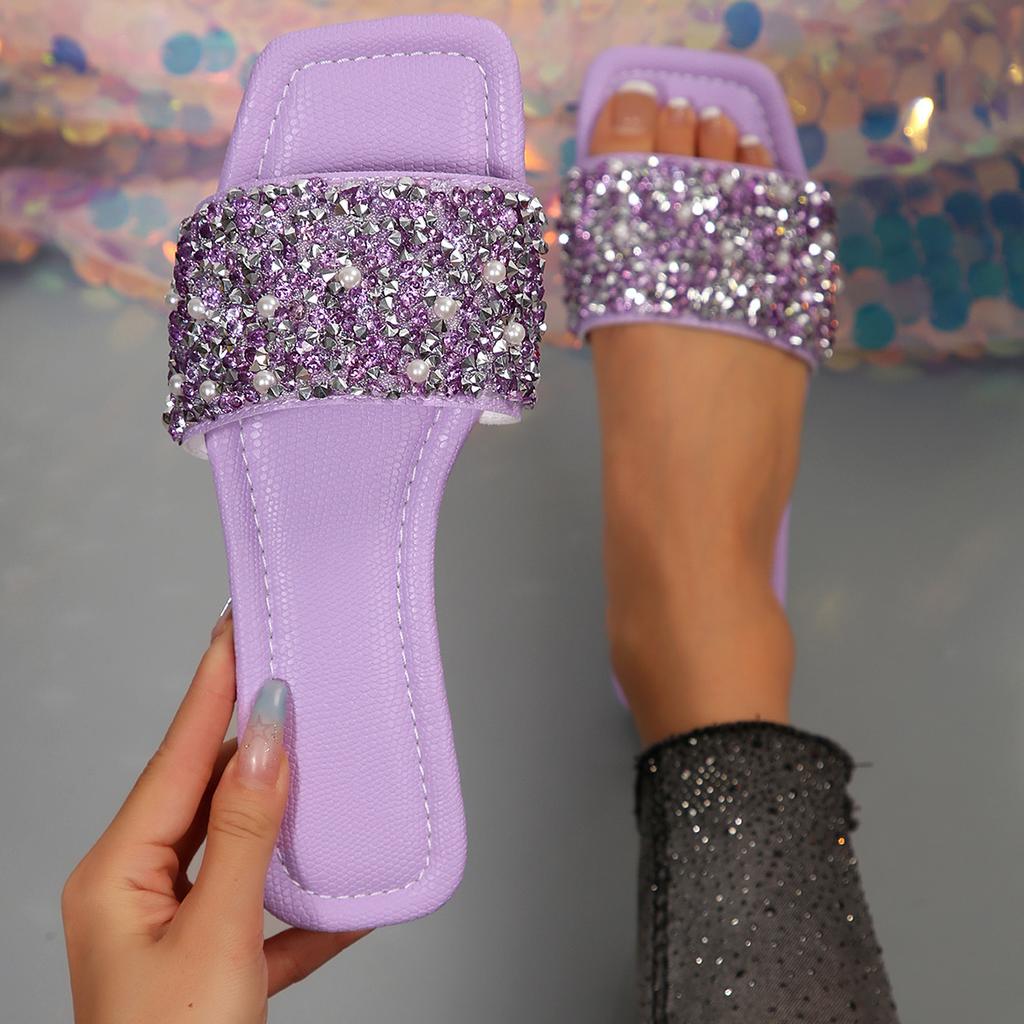 [Foreign Trade] Large size flat-bottomed cool slippers, low rhinestone versatile one-word drag, casual open-toed women's slippers