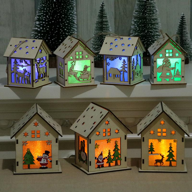 Xmas Luminous Wooden House Hotel Christmas Tree Window Decoration Pendant Ornaments DIY Gift