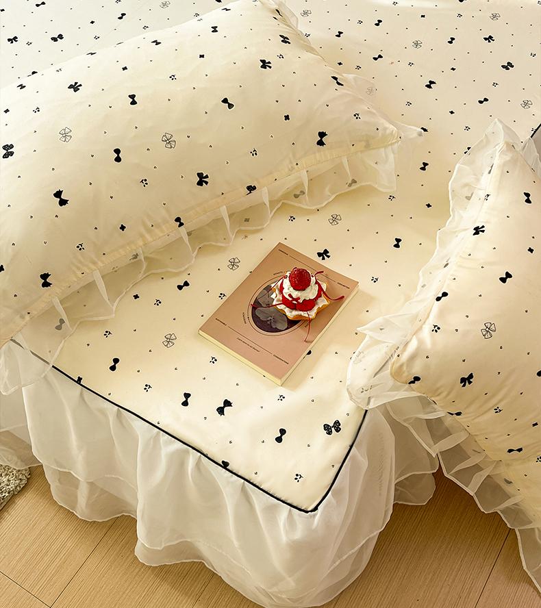 Sleep Grid Double Layered Chiffon Bed Skirt Ice Silk Air Conditioning Soft Seat 3-Piece Set