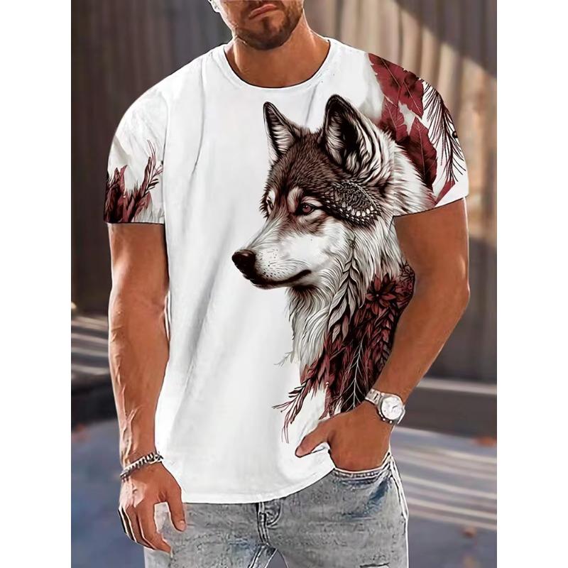 Men's T-shirt Wolf Print Casual Streetwear Fashion Short-sleeved Pullover Summer Outdoor Sports Top Tee Oversized Clothing