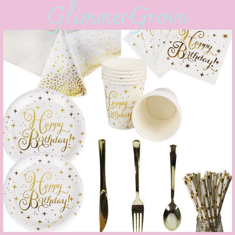 Eleganckie Złote Kropki Stemplowanie Dekoracje na Przyjęcie Urodzinowe Zestaw Jednorazowej Zastawy Stołowej