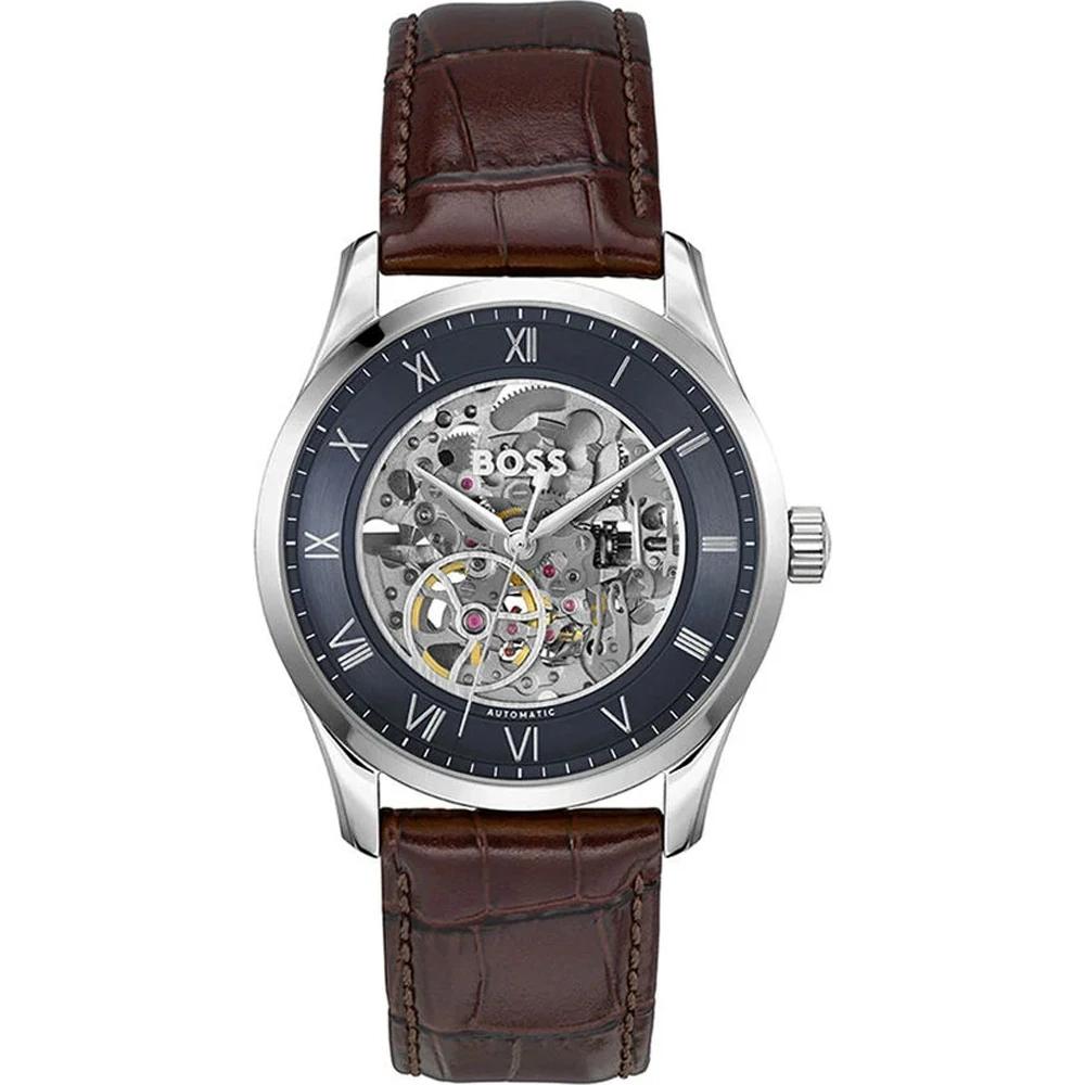 BOSS Principle Skeleton Blue Brown Leather Men s Automatic Watch 1514305 синий