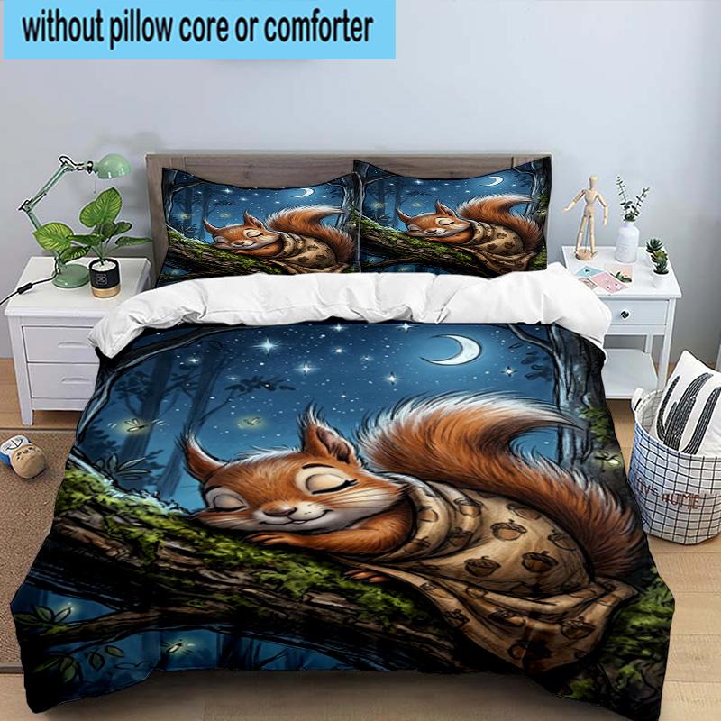 Squirrel Dreams Under Moonlight 3pcs Bedding,Including 1pc Duvet Cover And 2pcs Pillowcases Perfect for Christmas,Ideal for Bedroom, Dormitory