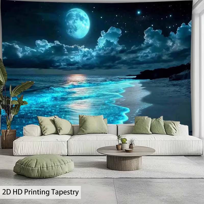 2D Magical Moonlit Beach Tapestry, Blue Glow Ocean Scenery Background