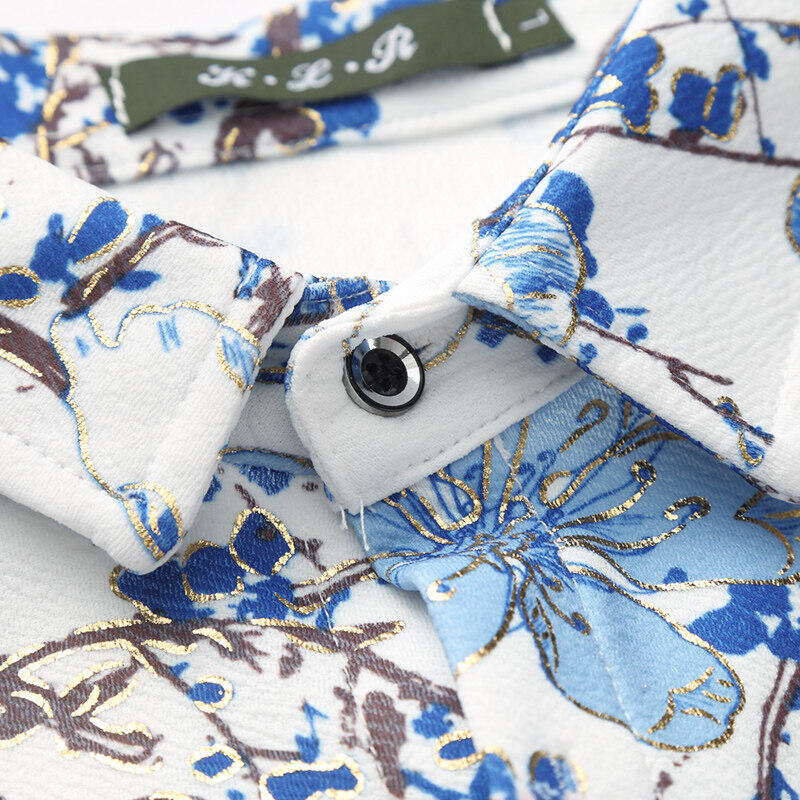 Men Long Sleeve Printed Shirt Men Lapel Single Breasted Stretch Shirts Male Fashion Casual Blue White Red Camisa