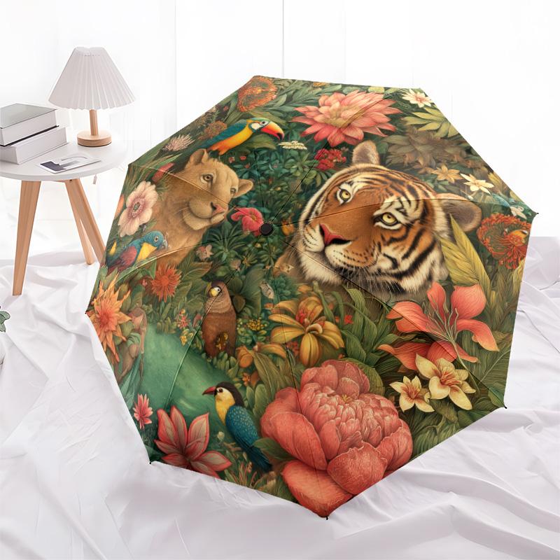 Tiger Parrot Pattern, Automatic Folding Umbrella, Portable and Foldable Design, 8 Ribs, a Christmas or Birthday Gift.