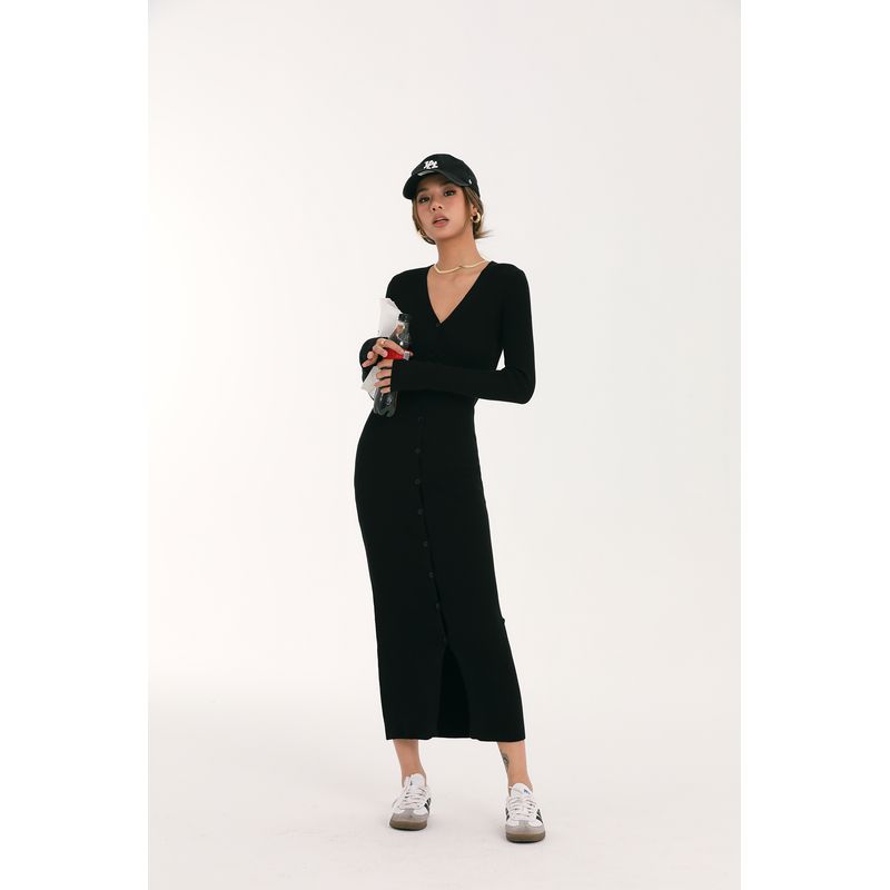 

Discoglam French Style Retro Elegant Slim Looking Mid Length Long Length over the Knee Breasted V-neck Knitting Dress Female Fall and Winter Black M