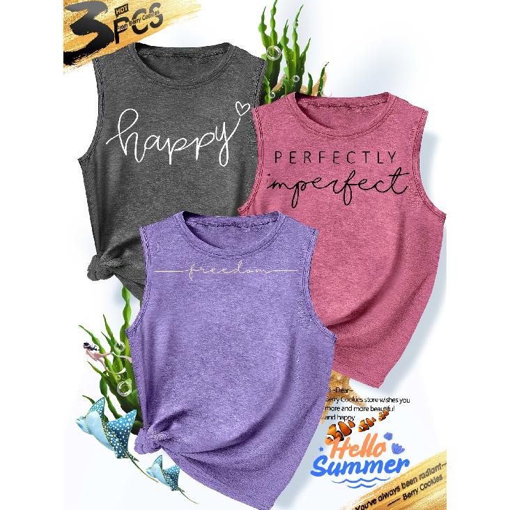 2026New Women's vest3Pieces Happy Freedom Perfectly Imperfect Text-printed Simple, Stylish, Casual, Versatile, Comfortable, Soft, Skin-friendly