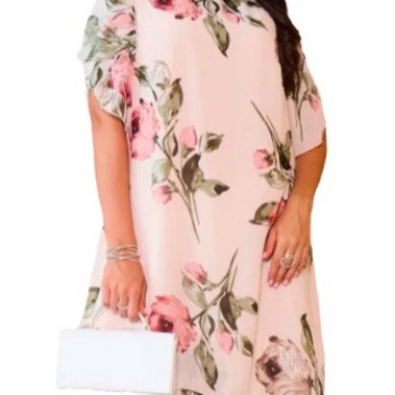

Модное шифоновое платье с принтом для женщин, свободный круглый вырез, летний наряд XL розовый