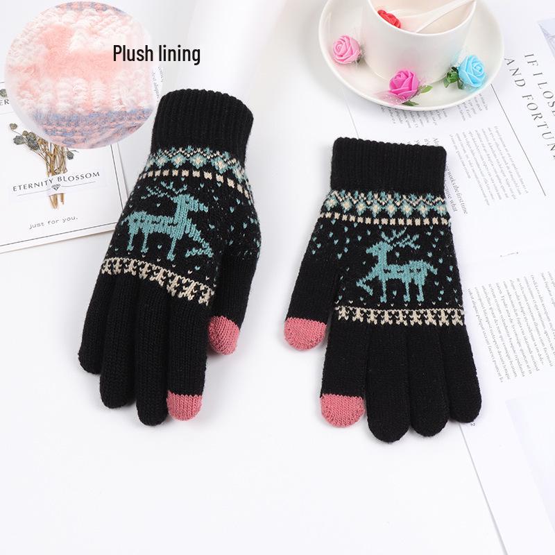 Korean Style Women's Warm Touch Screen Wool Gloves with Elk Print - Autumn/Winter Fashion, Christmas Couple Edition.