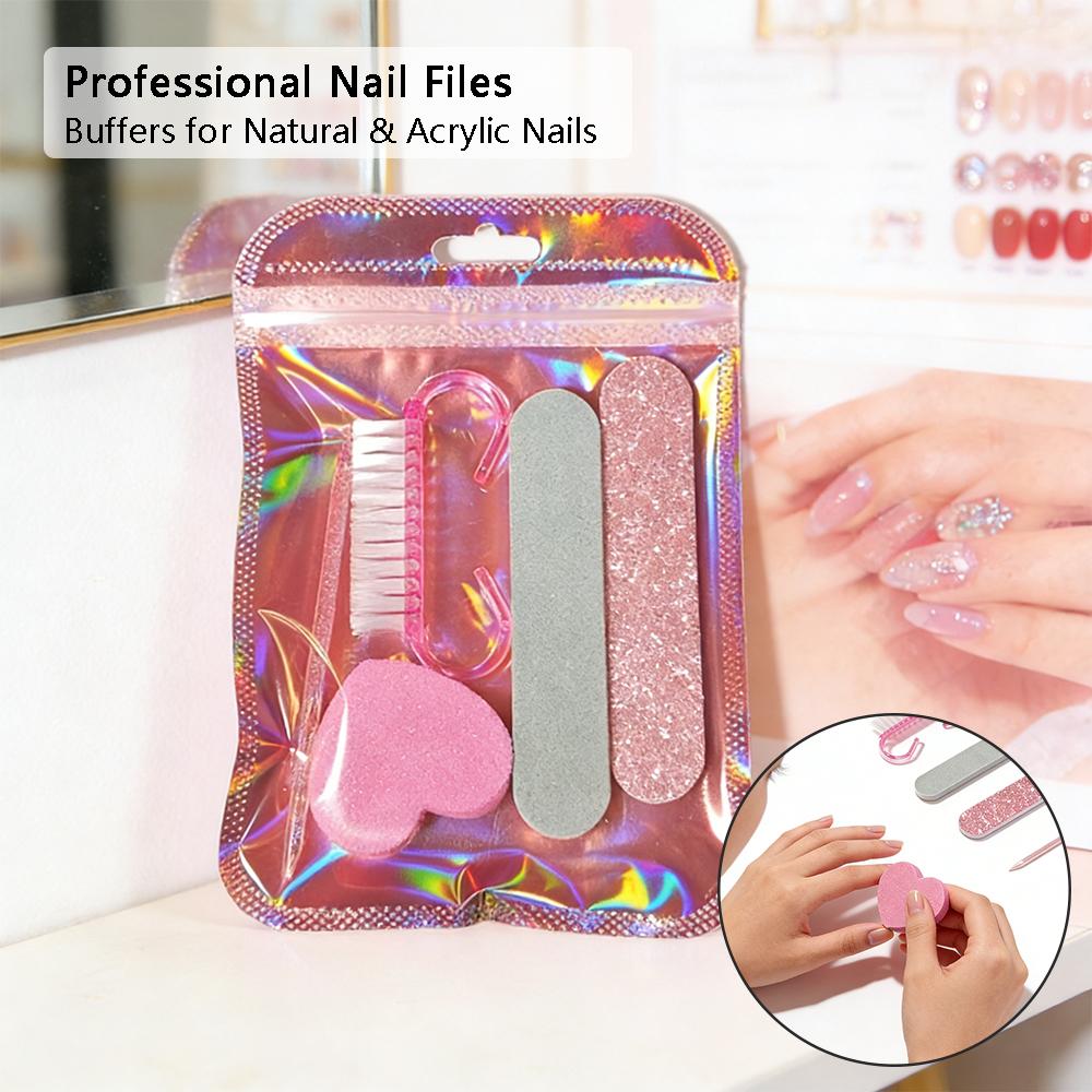 5 in 1 Disposable Manicure Tools Mini Scallion Powder Nail Files Nail Brush Cuticle Remover Pusher Nail Files Set Nail Brush