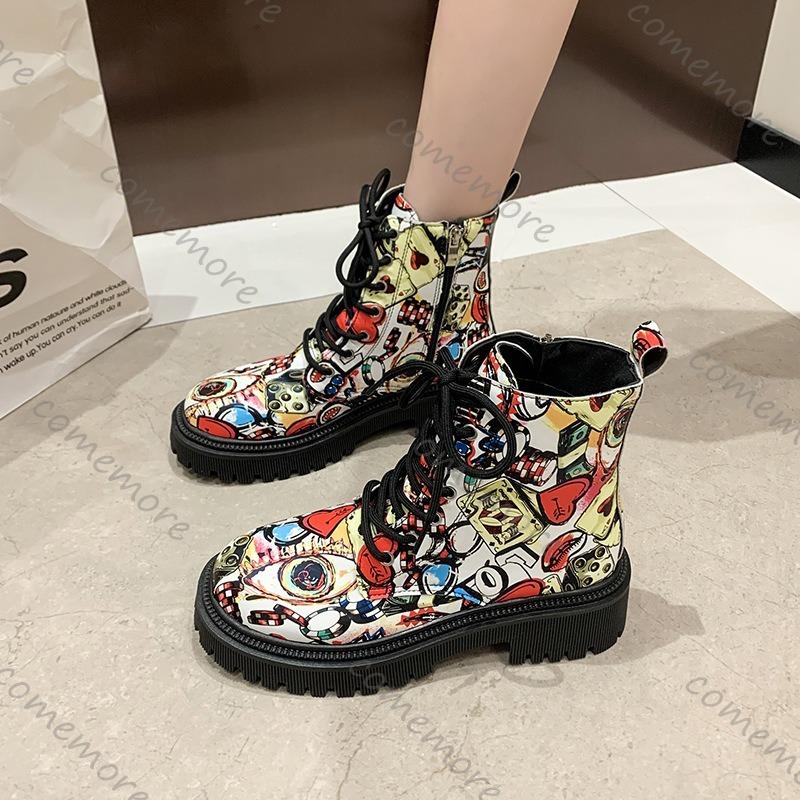 Fashion Comemore 2025 New Autumn Boots Graffiti Women's Shoes Printed Cartoon Lace-up Leather Ankle Boots Punk Style Thick Heeled Botas