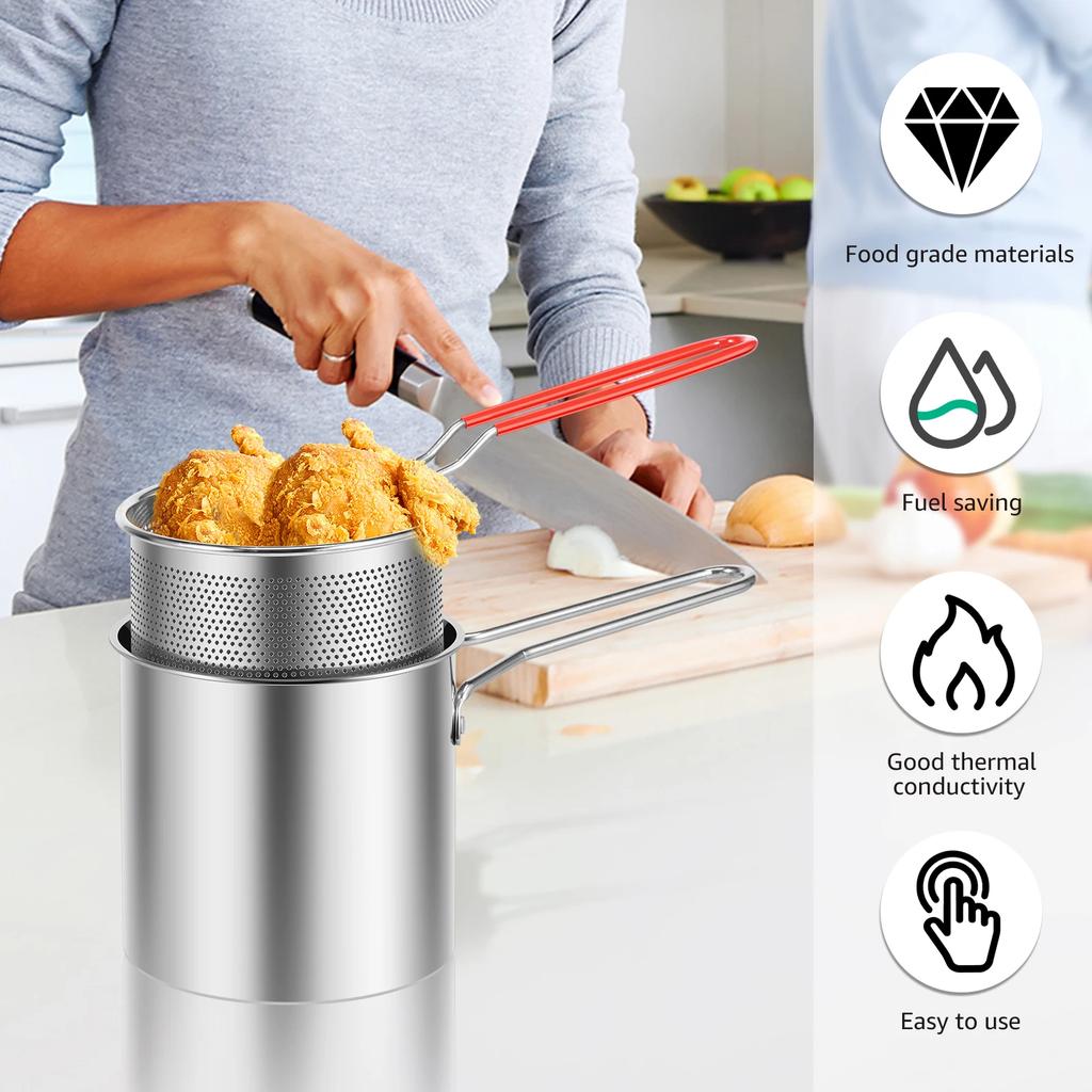 Deep Fryer Pot with Basket and Lid Stainless Steel Deep Fryer Pasta Strainer Basket Fries Fish Chicken Fried Food Cooking Pot