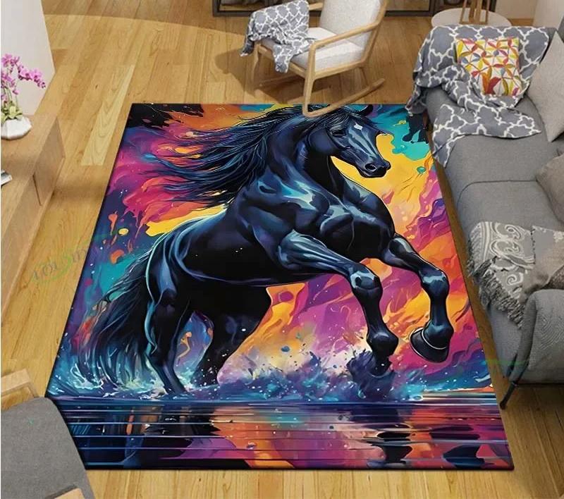 3D Fashion Exquisite Painted Galloping Horse Design Anti-Slip Area Rug for Living Room Kids' Bedroom Mat Large Decorative Carpet