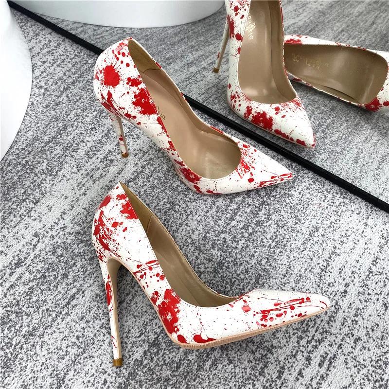 Fashion Art Graffiti Print Female Sexy Stiletto High Heel 10/12Cm Patchwork Ladies Party Pointed Toe Pumps Shoes Color Plus Size 34-46