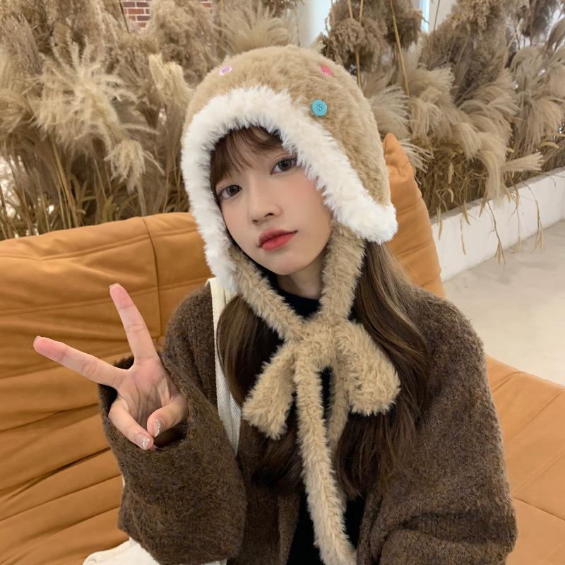 

Шапка Женская осенне-зимняя шапка с защитой ушей Плюшевая теплая утолщенная ветрозащитная шапка-мешок Милая студенческая шапка One Size