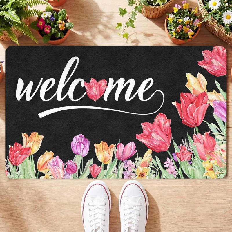 Watercolor Floral Welcome Floor Mat For Terrace Porch Floor Carpet Anti-Slip Washable Kitchen Carpet Home Decoration
