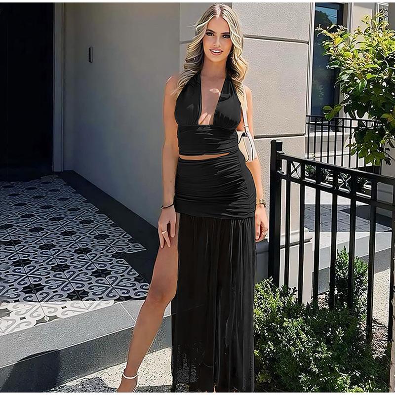 2025 Summer Elegant 2 Piece Set Women Sexy Mesh Lace-Up Backless Cropped Top and Pleated Split Skirt Streetwear Casual Suits