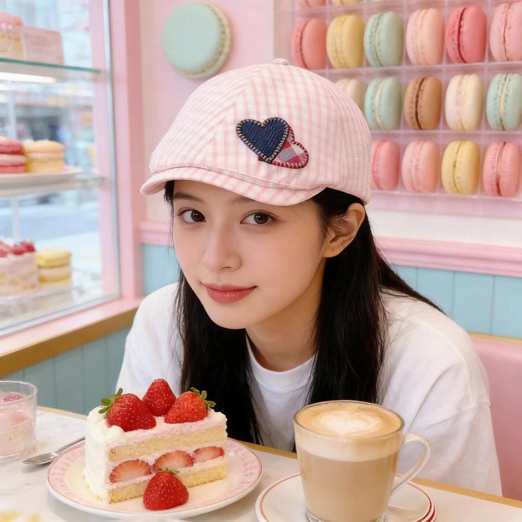 Vintage plaid forward hat beret women's love spring new anti-wear newsboy hat big head circumference versatile cap