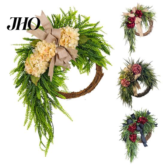 Wedding Gift Garland Artificial Hydrangea Wreath for Front Door 16 Inch Lifelike Floral Seasonal Hanging Decor with Burlap Bow Wall Party Home