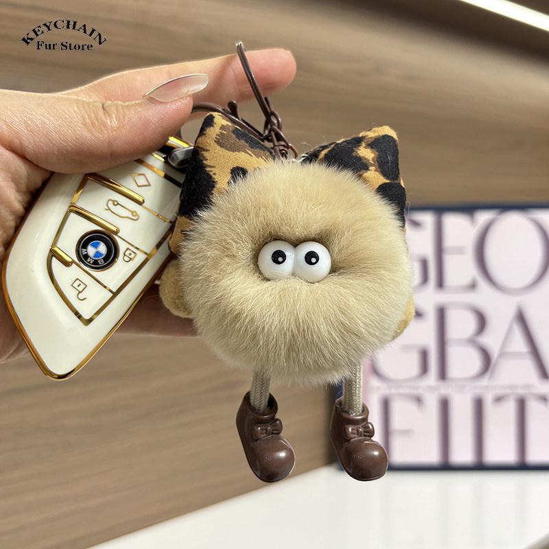Cute Rabbit Fur Small Briquettes Keychain Car KeyRing Pendant Plush Key Chain School Bag Pendant Gift Kawaii Backpack Keychains