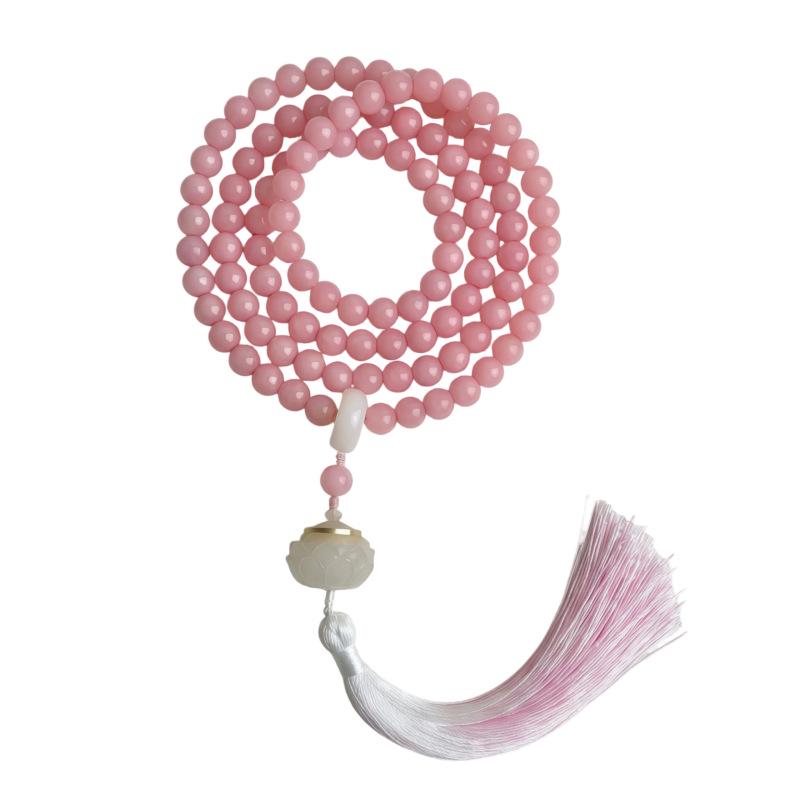 Zen Style Bodhi Root Bracelet with Lotus Pendant for Women, 108 Pink Beads