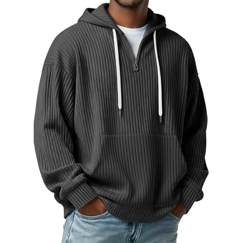 Men's Ribbed Knit Half-Zip Hoodie Casual Oversized Pullover Sweatshirt with Kangaroo Pocket