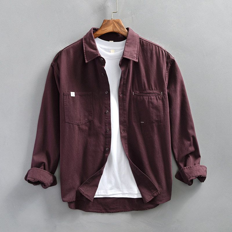 Spring & Fall Japanese-Style Retro Casual Shirt Men Hong Kong Style Trendy Brand Long Sleeve Shirt Coat Pure Cotton Loose Cargo Shirt