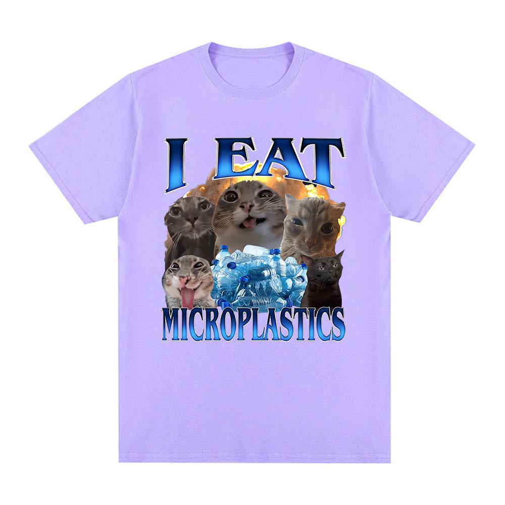 I Eat Microplastics Cat Graphic Funny Meme T Shirts Unisexs Clothing Oversized Cotton Short Sleeve TShirts Harajuku Streetwear
