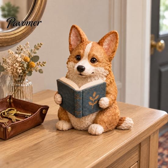Reading Dog Decor Figurine, Cute Book Loving Puppy Sculpture for Bookshelf Nook Desk, Gift and Lovers Statue