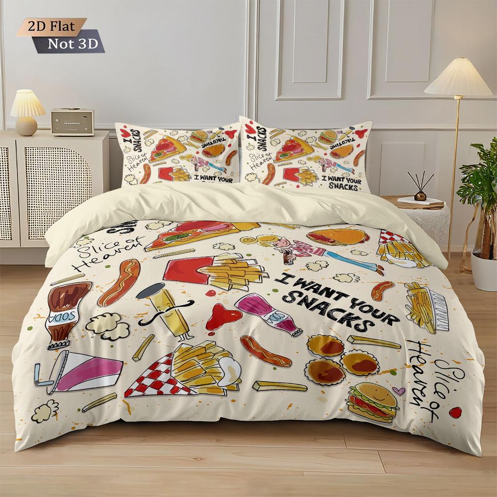 3pcs French Fries Fried Chicken Pizza Print Coreless Duvet Cover Set Comfortable Bedroom Bedding Decoration Machine Washable