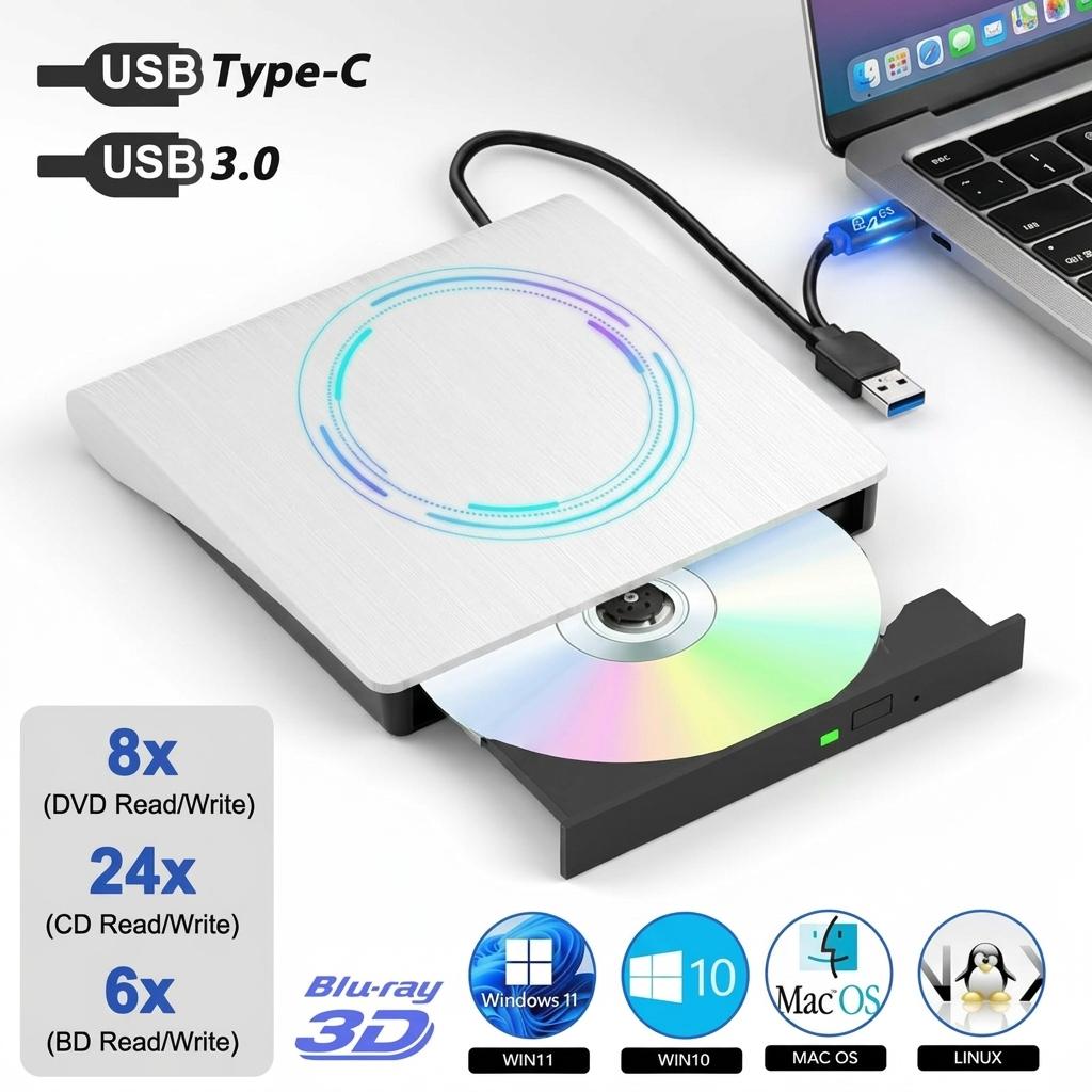External Blu Ray Drive Support 50G Disc Read/Write Portable USB 3.0/Type-C Blu Ray Burner for Windows MacOS Laptop Desktop Mac