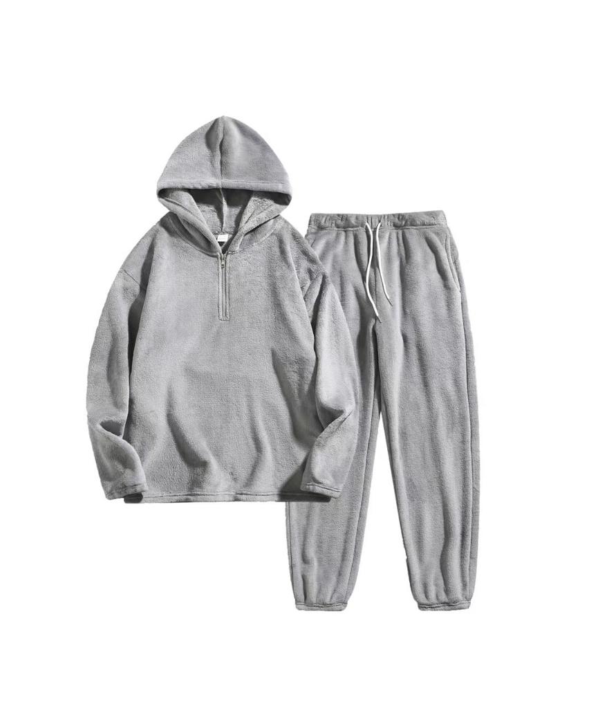 Autumn and winter suit men's fashion thermal hooded sweater solid color wool sweatpants casual sports two-piece set