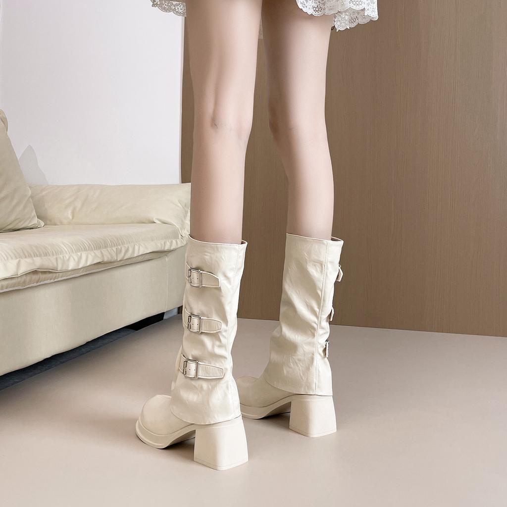 Women'S Mid-Calf High-Heeled Thick-Soled Trouser Boots Cowboy Boots