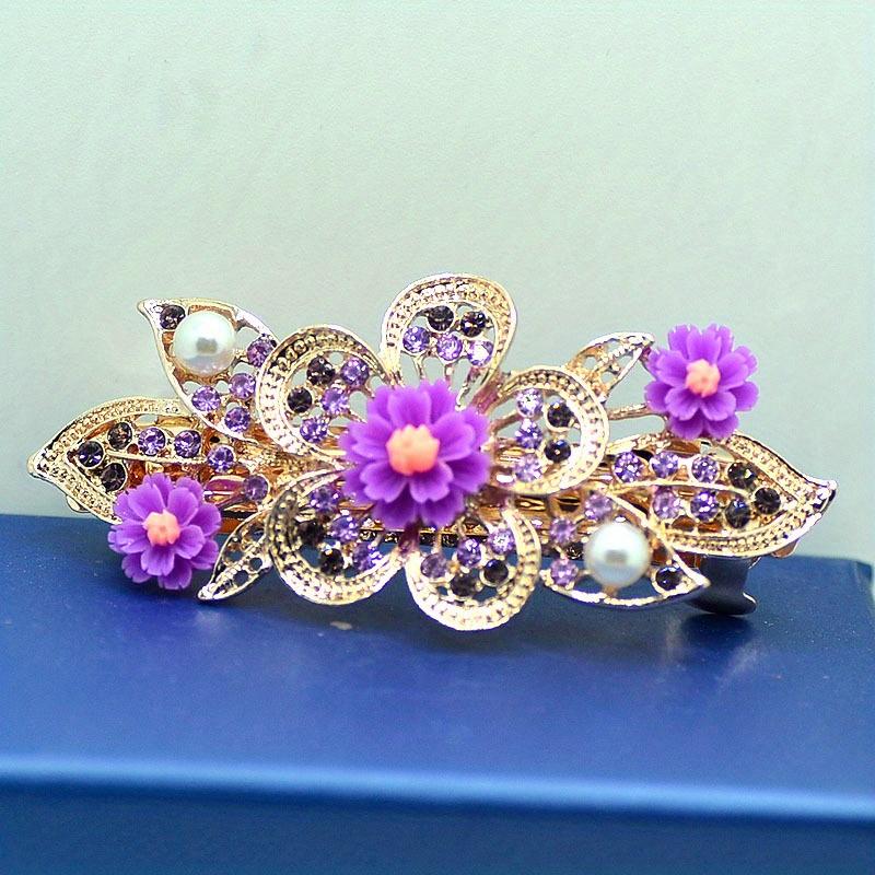 Single Large Large Rhinestone Hair Clip Spring Loaded Rectangular Hairpin with Multicolor Flower Design for Ponytails, Prom, Weddings & Special O