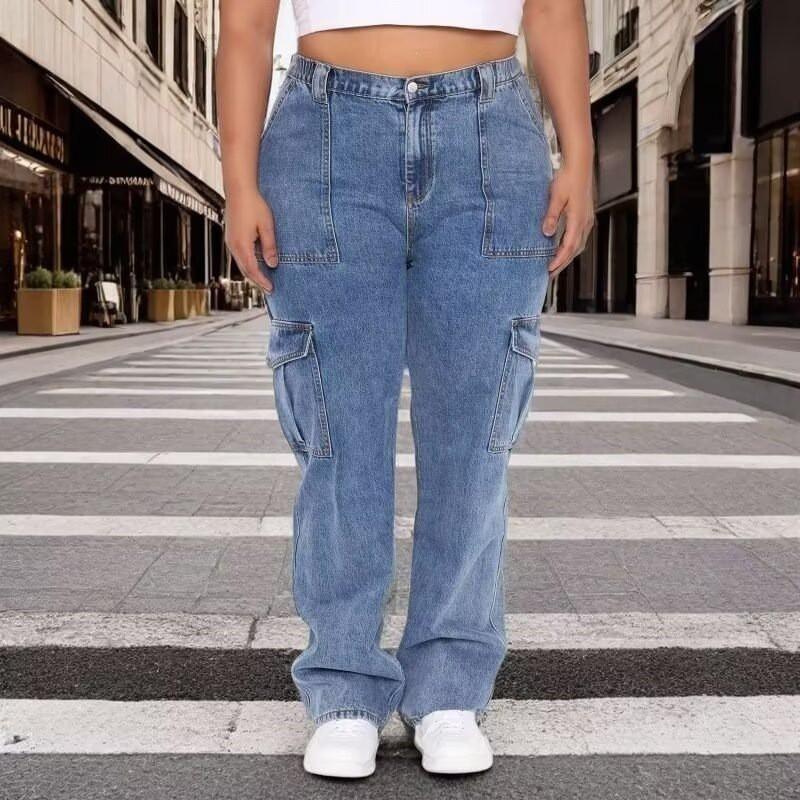 High-Waisted Wide-Leg Denim Cargo Pants Women Relaxed Fit Vintage Workwear Style Blue Cotton Blend