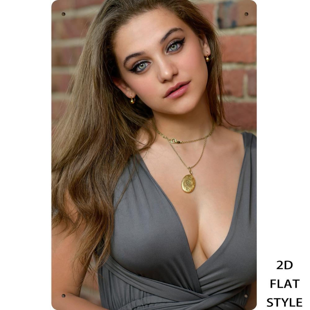 

HD Metal Tin Sign Beautiful Girl in Gray Deep V Neck Dress with Gold Jewelry Brick Wall Portrait Wall Art Decor 20x30cm（7.8x11.8inch）