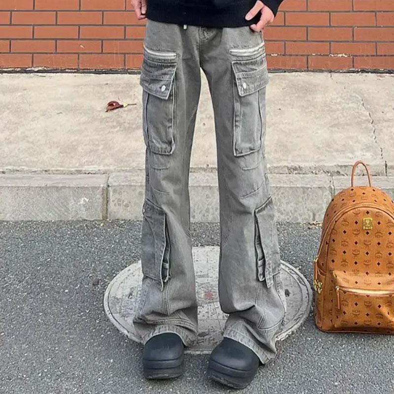 

Американские джинсы скинни bootcut с высокой талией Винтажный сафари стиль Джинсовые брюки Мужская одежда Шикарные карманы Пэчворк Повседневные брюки L серый