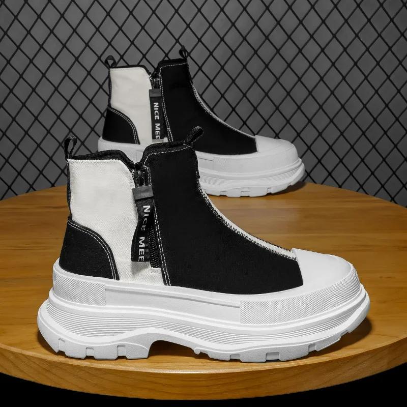 Autumn Men Casual Sneakers Canvas Chunky Platform Ankle Boots High-cut Zip Patchwork Sneakers Male Breathable Sport Shoes 38-44