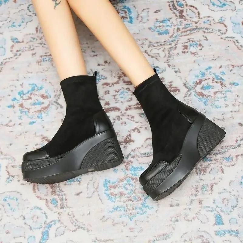 Mode Stiefeletten Plateau Elastisch Schwarz Klobige Stiefeletten für Damen Mode 2024 Herbst Heiß PU Ausverkauf Große Größe Warm 39 Frau Kurze Schuhe
