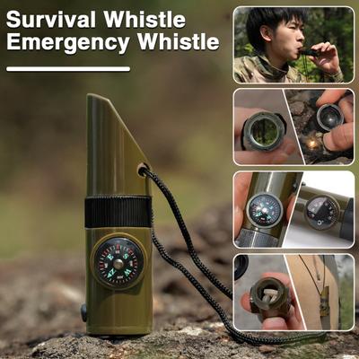 Emergency Survival Whistle with LED Whistle Multifunctional Thermometer Portable Lightweight Light Compass Outdoor Tool