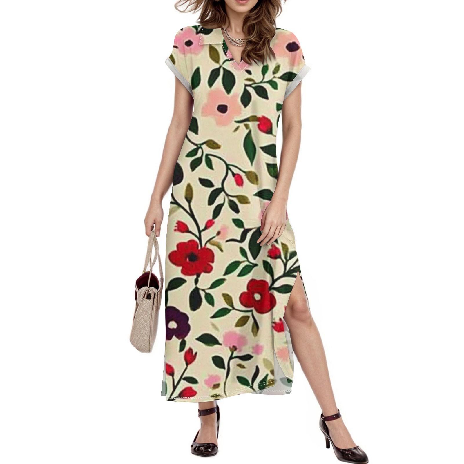 

Женское платье макси с цветочным принтом, повседневное платье-рубашка с длинным рукавом и свободным разрезом, праздничное платье с коротким рукавом XL бежевый