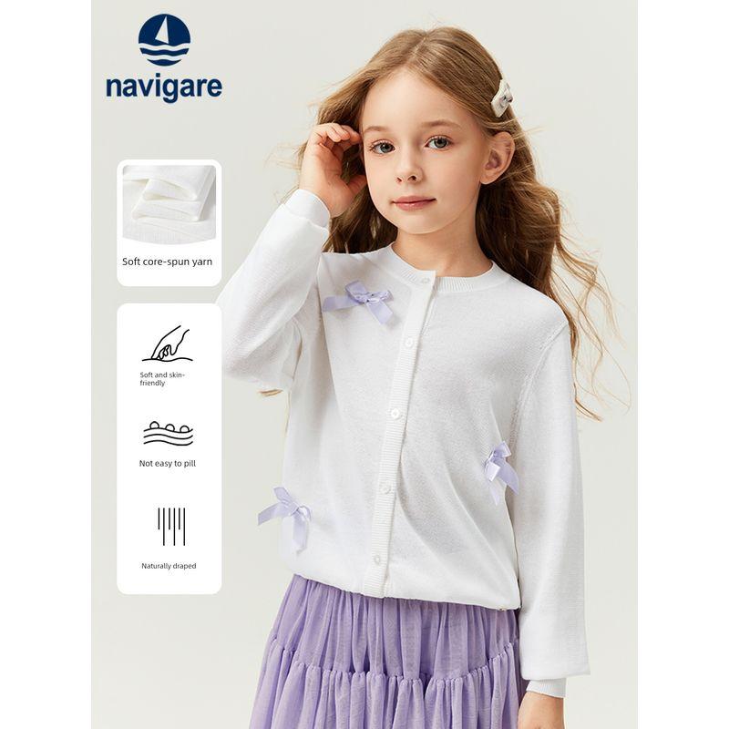 Navigare Italian Small Sailboat Children's Knitted Cardigan Sweater Spring Girls' White Jacket with Bow Top