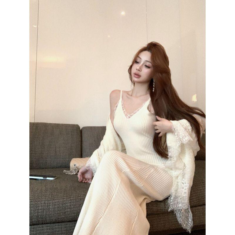 Kumikumi Pure Desire Style Suit Temperament Long Sleeve Knitting Cardigan Women's Autumn Lace Sling Dress Two-piece Set