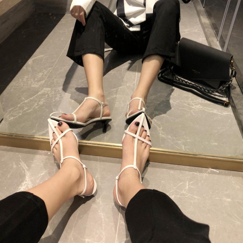 New small high heels cross pointed sandals one-word buckle belt women's shoes
