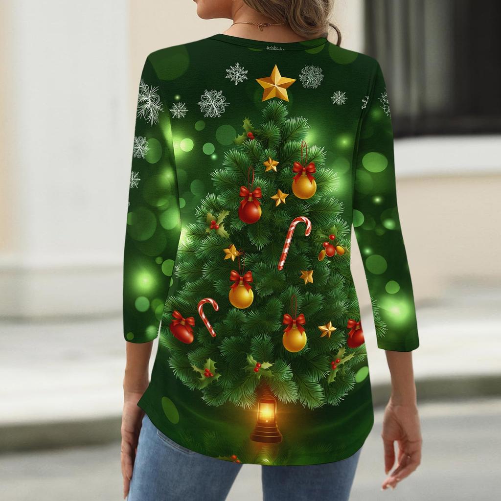 Women's Casual Christmas Print V-Neck Button 3/4 Sleeve T-Shirt